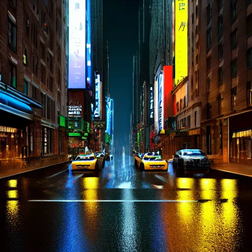 Prompt: « a man walking in a night raining streets, new york, big city, taxi, cars, shops one the side with neons, digital art, highly detailed, photorealistic, unreal engine 5, back view »