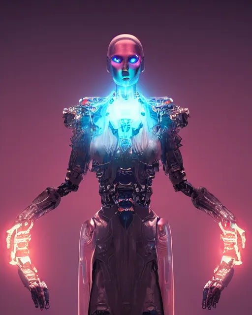 Image similar to benevolent android necromancer, aura of light, intelligent, friendly, artificial intelligence, scifi, futuristic, highly detailed, trending on artstation, advanced technology, art by vitaly bulgarov and nivanh chanthara and lance wilkinson