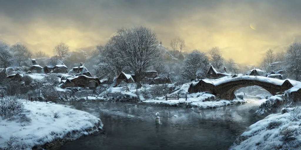 Image similar to Hobbiton near a frozen river during winter, evening, detailed matte painting, cinematic, Alan Lee, Artstation