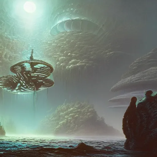 Prompt: a stunning painting of alien underwater landscape of lush flora, remnants of old spaceship, sea creatures emerging, morning, by Giger and Ralph McQuarrie and Bruce Pennington, cinematic lighting, hyper realism, high detail, octane render, 8k, iridescent accents