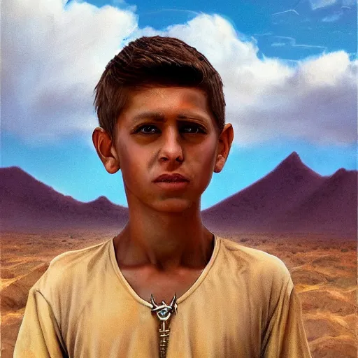 Image similar to a detailed portrait of a tan boy in the desert, fantasy art illustration, incredibly highly detailed and realistic, 8 k, sharp focus