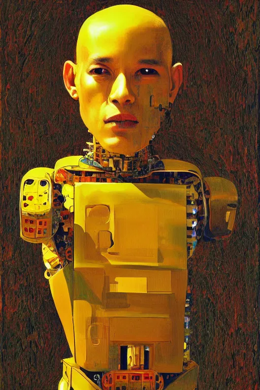 Image similar to robot monk painting a self - portrait on a canvas. intricate, highly detailed, photorealistic, film still, by christopher doyle.