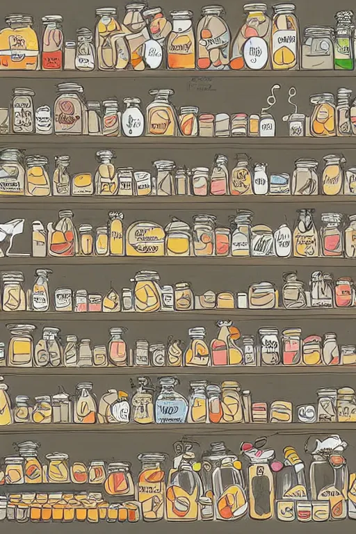 Image similar to mcbess illustration of a old shop full of jars of sweets, rainbow gouache