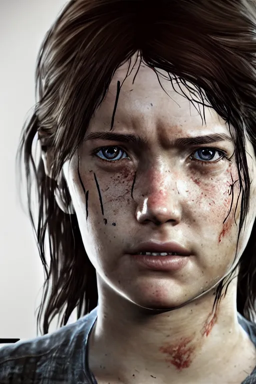 Image similar to ultra realistic facial portrait of ellie from the last of us part 2, digital art, character portrait, highly detailed, trending on artstation, lens flare, atmosphere, hyper realistic, cinematic lightning, sharp focus, unreal engine 5, extreme details perfect face, pretty face, fine - face, illustration, 8 k, ultra texture, masterpiece