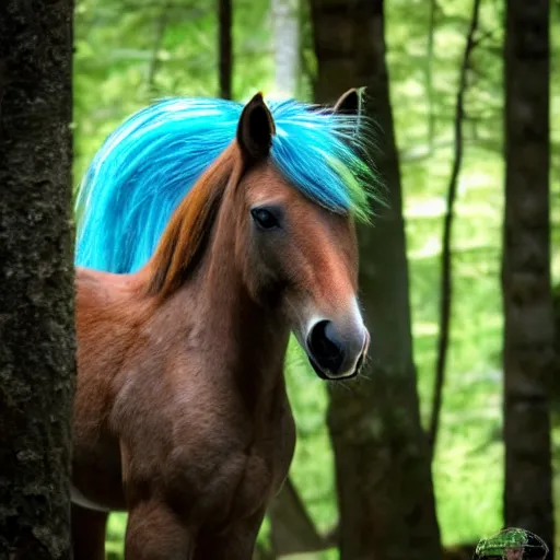 Image similar to photo of a wild horse in the woods that looks like a my little pony, feral vicious cryptid