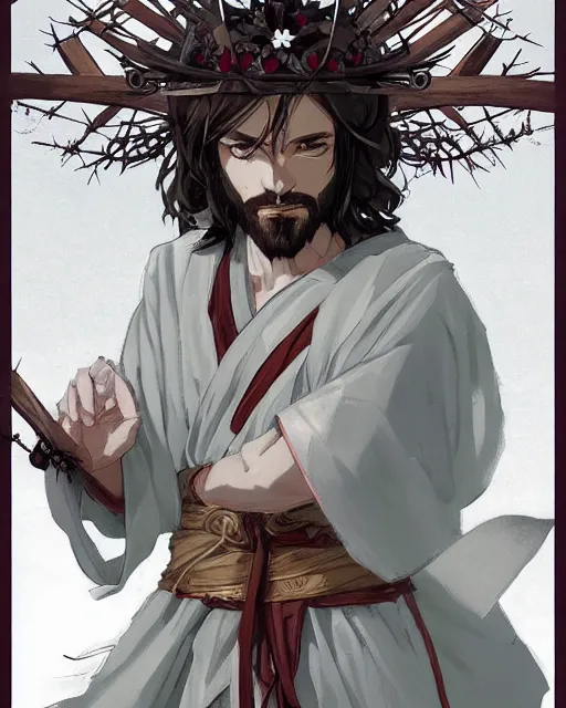 Image similar to an anime portrait of jesus as a beautiful man wearing a kimono and a crown of thorns from skyrim, by stanley artgerm lau, wlop, rossdraws, james jean, andrei riabovitchev, marc simonetti, and sakimichan, trending on artstation