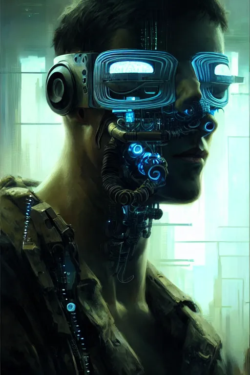 Prompt: a contempory smart cyberpunk hacker a cybernetic eyepatch, upper body, highly detailed, intricate, sharp details, dystopian mood, sci-fi character portrait by gaston bussiere, craig mullins