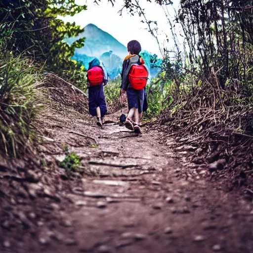 Image similar to kids going on a hike, photograph, national geographic