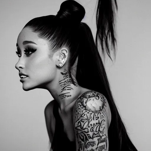 Image similar to ariana grande recursive photo beautiful ariana grande photo bw photography 130mm lens. ariana grande backstage photograph posing for magazine cover. award winning promotional photo. !!!!!COVERED IN TATTOOS!!!!! TATTED ARIANA GRANDE NECK TATTOOS. Zoomed out full body photography. very very very detailed.