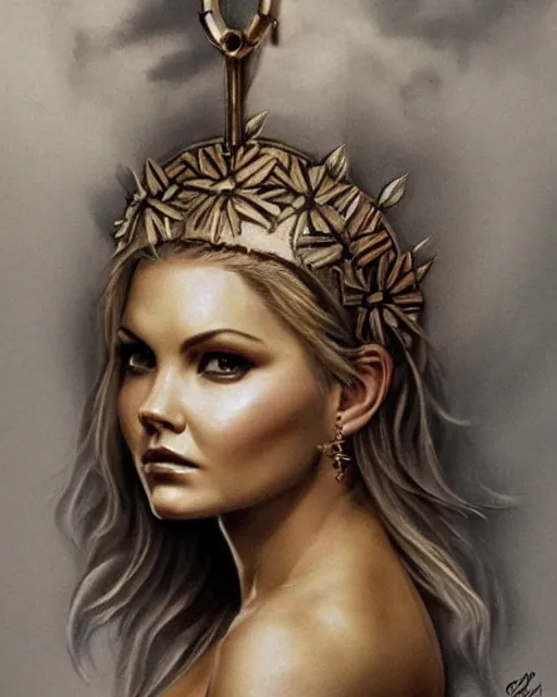 Image similar to realism tattoo sketch of elisha cuthbert as a beautiful greek goddess aphrodite with piercing eyes wearing a laurel wreath and triangle earrings, in the style of greg rutkowski, amazing detail