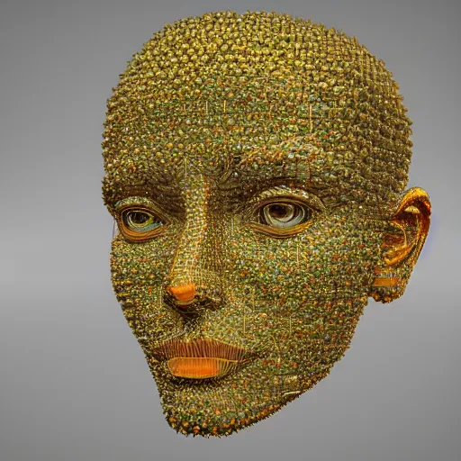 Image similar to a beautiful symmetrical face made of crystals,golden ornaments by alex gray and android jones, 3D, 8k resolution