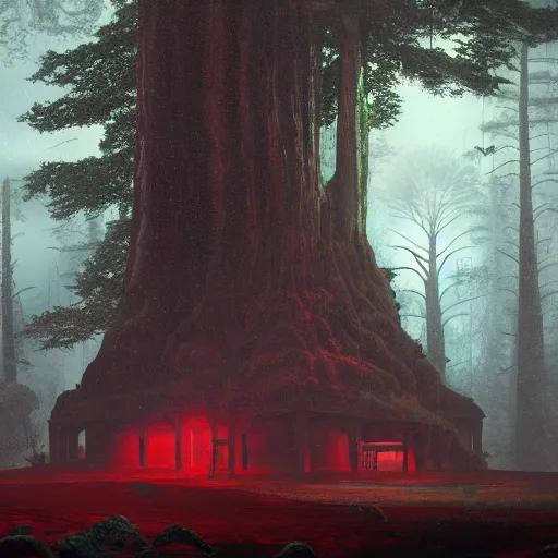 Image similar to red ancient temple between green hills with big trees, star trails, dramatic lighting, artstation, matte painting, caspar david friedrich, simon stalenhag