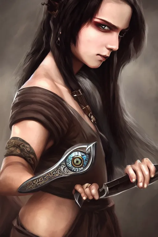 Prompt: hyper realistic, DnD portrait of a young thief girl with long dark hair and an eye path, holding a dagger between her teeth, masterpiece, trending on artstation, award-winning, 8k hq