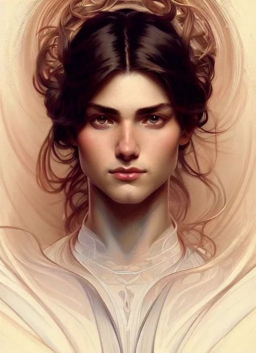 Image similar to portrait of young man and a woman, perfection, beautiful hair, symmetrical! intricate, elegant, highly detailed!! smile, digital painting, artstation, concept art, smooth, sharp focus, illustration, art by artgerm and greg rutkowski and alphonse mucha