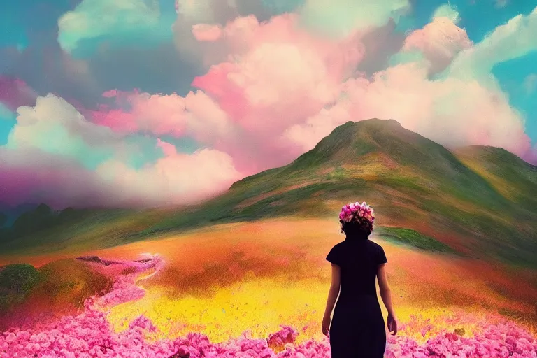 Prompt: giant dahlia flower crown head woman walking on mountain, surreal photography, pink storm clouds, dramatic light, impressionist painting, digital painting, artstation, simon stalenhag