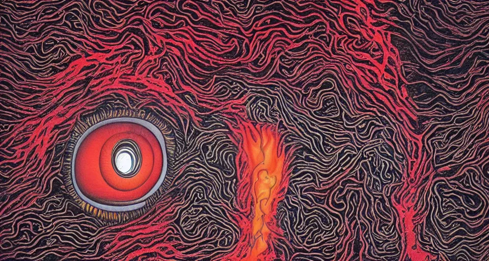 Image similar to a volcano made of ivory vines and crimson rocks enters in eruption, it spits a smoke in the shape of demonic eye, by Alex Grey ,