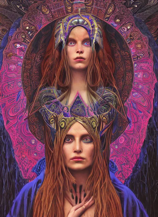 Image similar to Ayahuasca tripping cult magic psychic woman, subjective consciousness psychedelic, epic occult ritual symbolism story iconic, dark witch headdress, oil painting, robe, symmetrical face, greek dark myth, by John William Godward, Jason A Engle, Anna Dittman, masterpiece