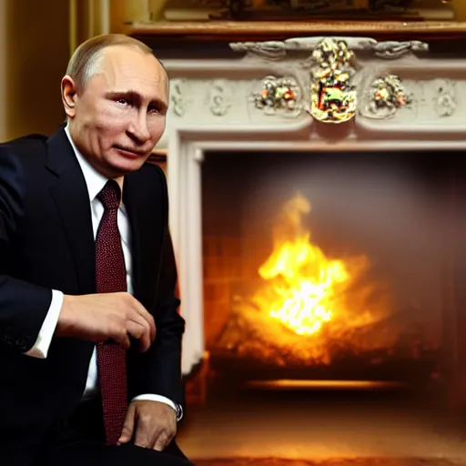 Image similar to vladimir putin looking into a log fire smirking reflections lighting