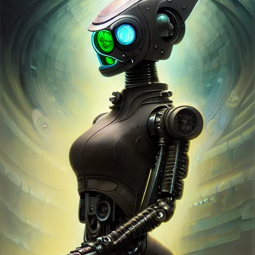 Prompt: front shot of a cyberpunk gazmask robot character, intricate, elegant, highly detailed, centered, digital painting, artstation, concept art, smooth, sharp focus, illustration, artgerm, Tomasz Alen Kopera, Peter Mohrbacher, donato giancola, Joseph Christian Leyendecker, WLOP, Boris Vallejo