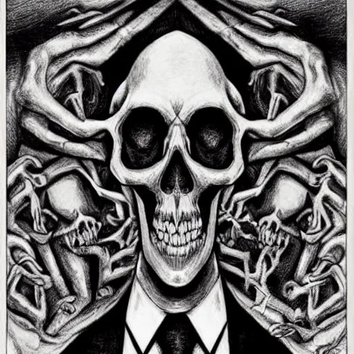 Image similar to high quality rendition of a horrifying man eater by m night shamalan, steven king and h. p. lovecraft. this will keep me up at night. haunting ghoulish skull figure like m. c escher style.
