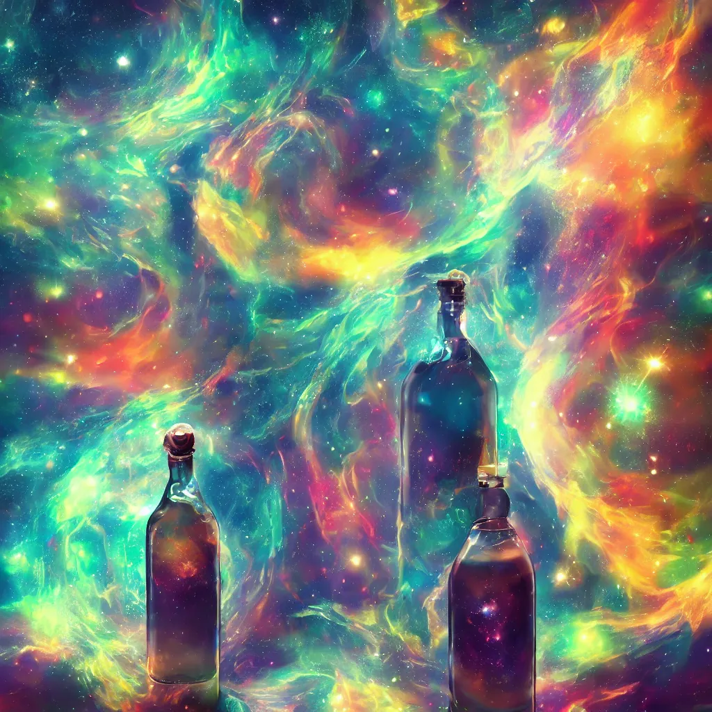 Image similar to the universe contained within a bottle, in a style of artstation