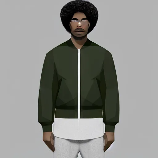 Image similar to low polygon render of a black man with afro hair and raspy bear stubble, wearing an army green adidas jacket, high quality, minimalist