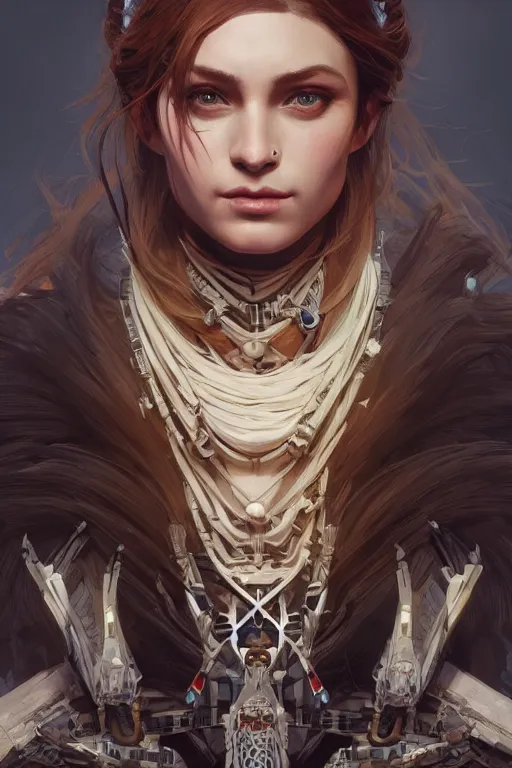 Image similar to symmetry!! portrait of woman with hawk features in the style of horizon zero dawn, machine face, intricate, elegant, highly detailed, digital painting, artstation, concept art, smooth, sharp focus, illustration, art by artgerm and greg rutkowski and alphonse mucha, 8 k