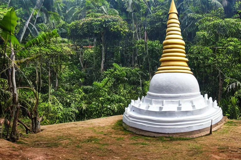 Image similar to sri lankan white stupa hidden in the jungle village, drawn by hayao miyazaki