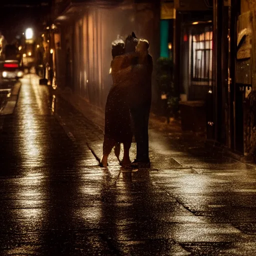 Image similar to an emotional picture of two shadowy figures hugging each other at night in an ally, it is raining heavily, 35mm, motion blur, long exposure, there is traffic