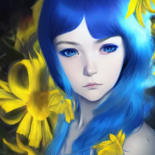 Image similar to ilya kuvshinov with blue hair, yellow irises, professional digital painting, concept art, unreal engine 5, 8 k, cinematic, wlop, tendrils in the background, art by greg rutkowski, pixiv art, junji ito, yoshitaka amano