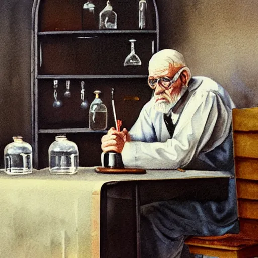 Image similar to a vintage water colour painting of a chemist with potions and ailments. an old man sitting at a desk, 4 k, beautiful, ominous