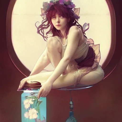 Image similar to A pouting fairy sitting in a jar, digital painting, detailed, artstation, Krenz Cushart, Greg Rutkowski, Alphonse Mucha, Artgerm