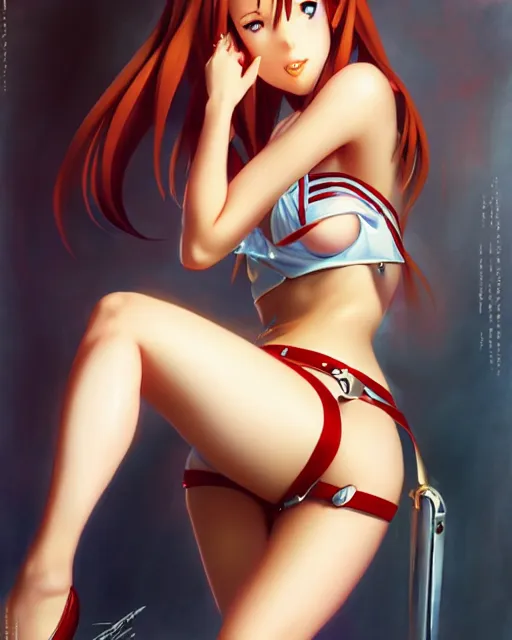 Image similar to pinup photo of asuna from sao, hot asuna by, by greg rutkowski, gil elvgren, glossy skin, pearlescent, anime, maxim magazine,