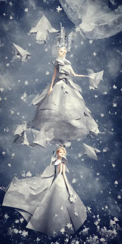 Image similar to background is a stary night sky, castle made of clouds, looking up towards an anthropomorphic space woman wearing a flowing paper couture dress with puffy leggings, paper stars, many origami birds, eery light, 3D, very detailed, octane render, trending ArtStation, artgem