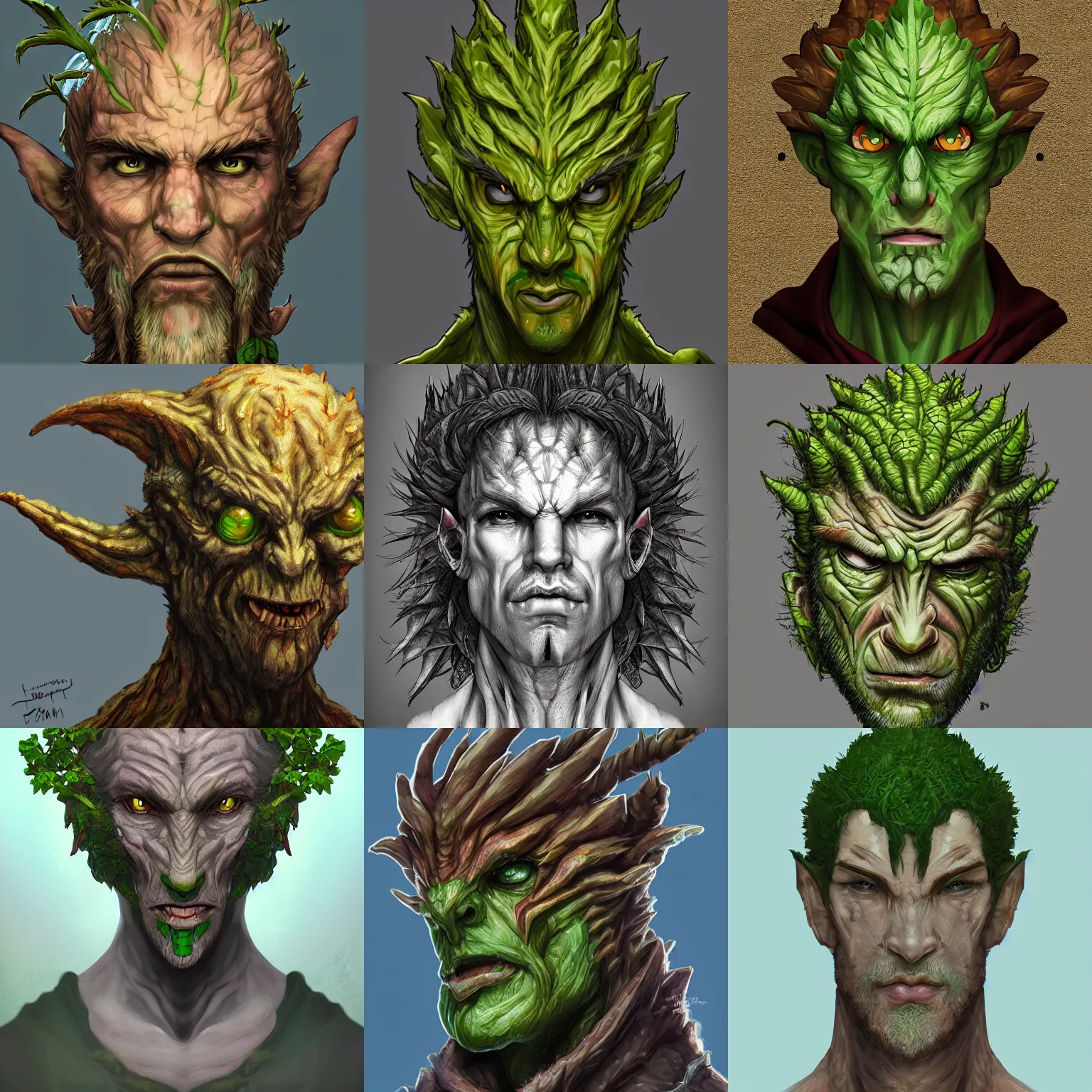Prompt: Tree Plant-Person Farmer. D&D Character Dragon like Head Portrait, Digital Art, Detailed, Trending on Artstation