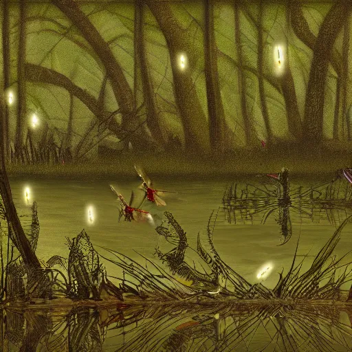 Prompt: A cottagecore digital art of a variety of dragonflies in a firefly-lit swamp