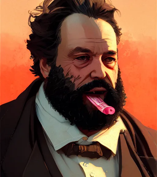 Image similar to highly detailed portrait karl marx as buff gangsters holding gums in gta v, stephen bliss, unreal engine, fantasy art by greg rutkowski, loish, rhads, ferdinand knab, makoto shinkai and lois van baarle, ilya kuvshinov, rossdraws, tom bagshaw, global illumination, radiant light, detailed and intricate environment