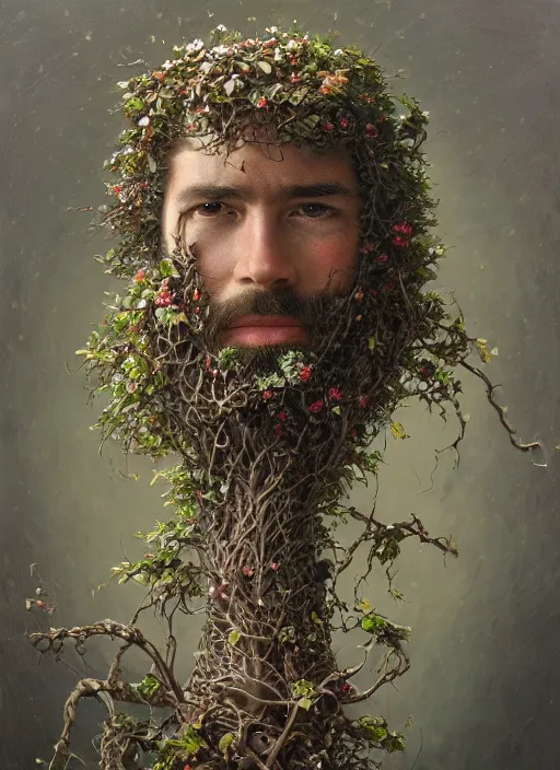 Image similar to a man with a flowery bush instead of a head, intricate roots, highly detailed, concept art, hyperrealistic, oil painting by greg staples, 8 k