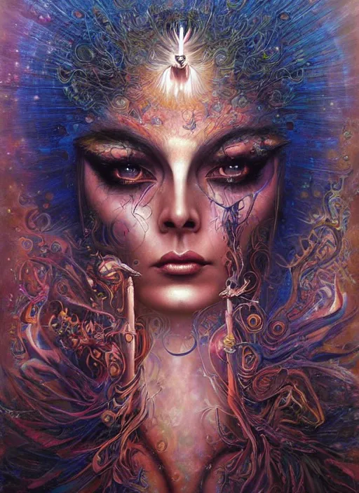 Image similar to magic enlightened cult psychic enchanted woman, painted face, third eye, energetic consciousness psychedelic scene, epic surrealism expressionism symbolism, perfect, by karol bak, louise dalh - wolfe, masterpiece