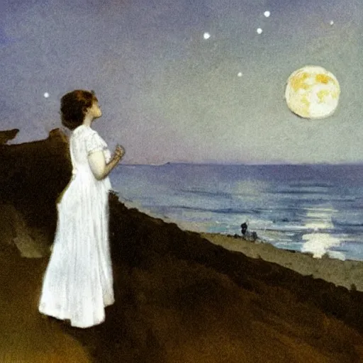 Prompt: a young edwardian woman wearing a white dress, playing guitar in a window at night, the sea and a beach and the moon is visible in the background, in the style of anders zorn