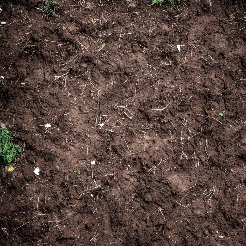 Prompt: a high camera topdown picture of nightmare horror dirt with trash, bricks, giant thick tree roots and mud. dark.