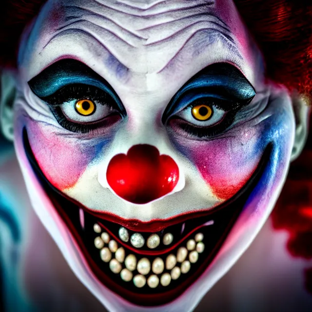 Image similar to photo of a beautiful creepy female clown, highly detailed, 8 k, hdr, close up, smooth, sharp focus, high resolution, award - winning photo