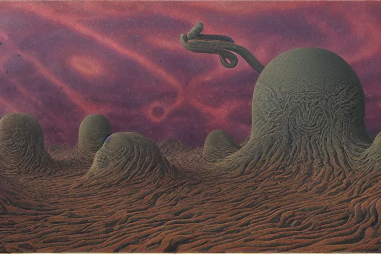 Prompt: martian landscape with obsidian monoliths and tentacle grass by agostino arrivabene