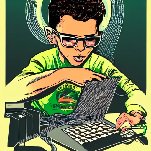 Image similar to illustration of a boy connected to his laptop with wires, highly detailed, by butcher billy