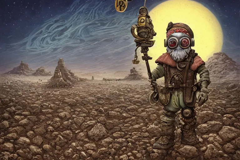 Image similar to a highly detailed forgotten garden gnome wearing goggles and head scarf surviving in a vast barren desert, hopeless wasteland background with a relentless raging sun overhead, post - apocalyptic road warrior vibe, full body, wide angle, an ultrafine detailed painting by joe fenton, trending on deviantart, pop surrealism, whimsical, lowbrow, perfect symmetrical face, sharp focus, octane, masterpiece