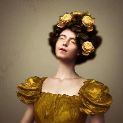 Image similar to 8k, octane render, realism, tonalism, renaissance, rococo, baroque, portrait of a young lady wearing ruffle sleeve dress with flowers and skulls looking to the side background chaotic gold leaf flowers