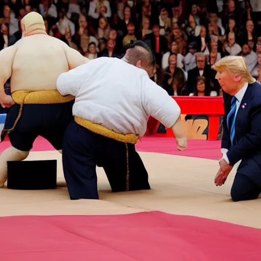 Prompt: Joe Biden sumo wrestling with Donald Trump
