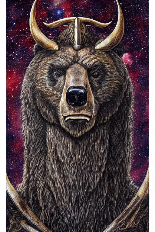 Image similar to sideview waist up portrait of bear baphomet made with porcelain by jeff easley and peter elson, beautiful eyes and face, symmetry face, galaxy, gothic, surreal, dread, highly detailed, intricate complexity, epic composition, magical atmosphere, masterpiece, award winning, trending on artstation