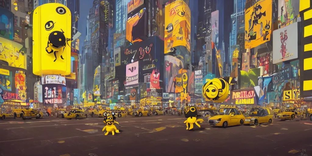 Image similar to cute cartoon bumblebee person in Times Square at night by Goro Fujita and Simon Stalenhag and Matt groening,8k, trending on artstation, hyper detailed, cinematic