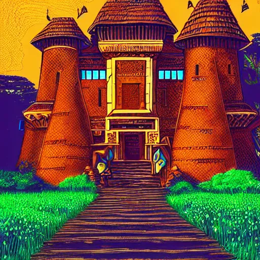 Image similar to intricate illustration, african style castle, ghibli colorful, cinematic composition